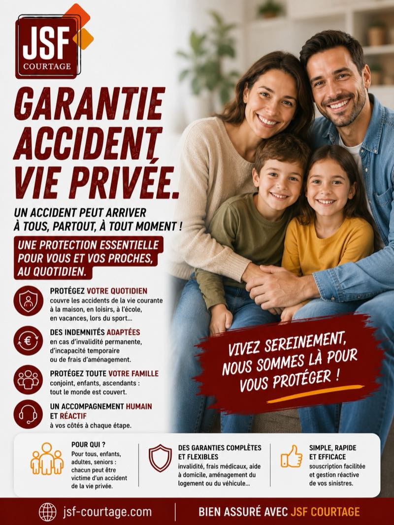 Affiche JSF Courtage — Garantie accident de la vie : couvre les accidents de la vie courante (maison, loisirs, école, sport), indemnités en cas d'invalidité ou d'incapacité, toute la famille couverte.