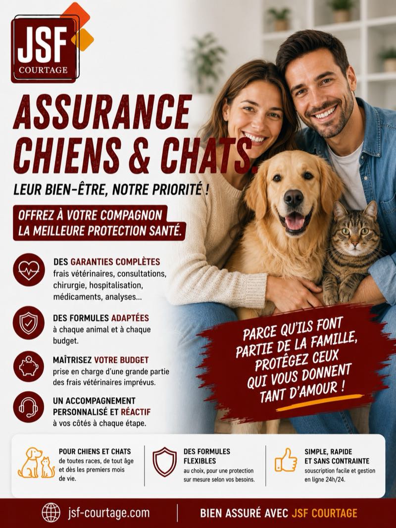 Affiche JSF Courtage — Assurance chiens et chats : frais vétérinaires, consultations, chirurgie, hospitalisation et médicaments, formules adaptées à chaque animal et à chaque budget.