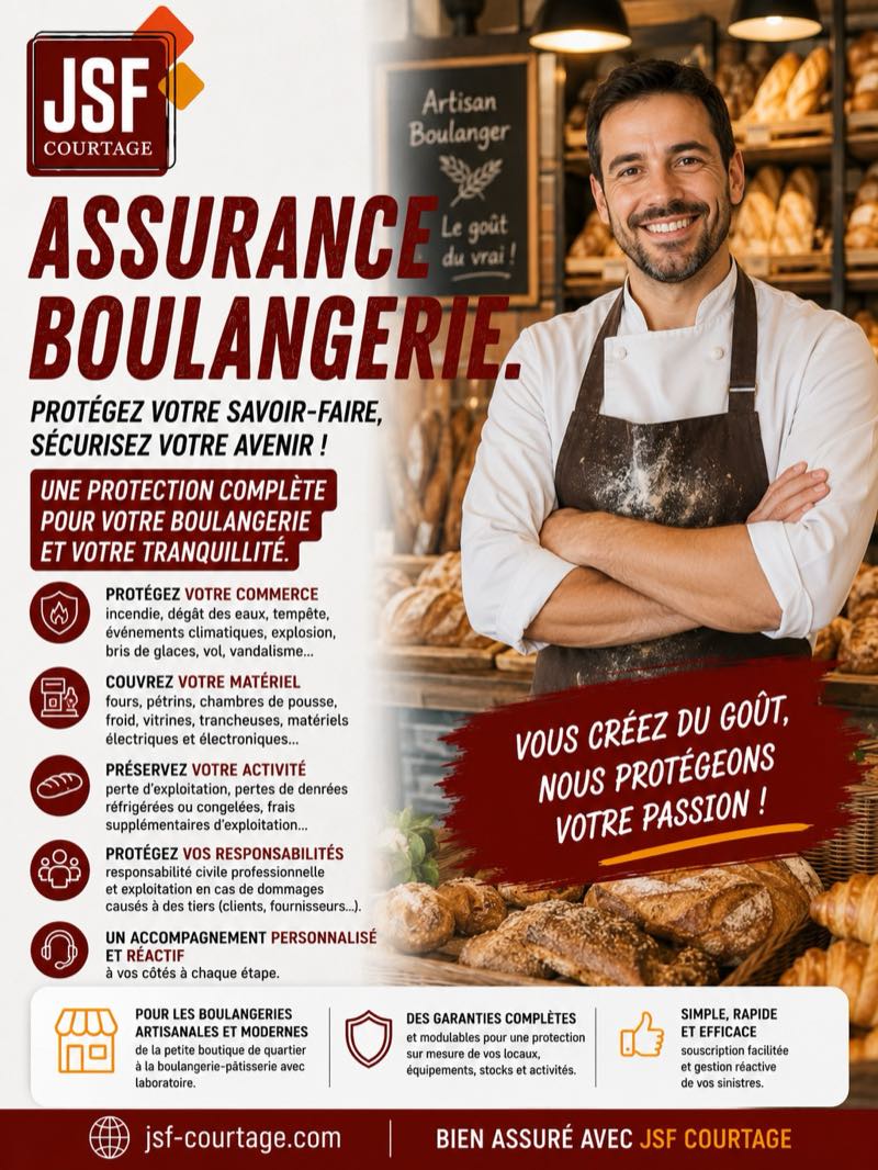 Affiche JSF Courtage — Assurance boulangerie : protection du commerce, couverture du matériel (fours, pétrins, chambres de pousse, froid, vitrines), pertes de denrées et perte d'exploitation.