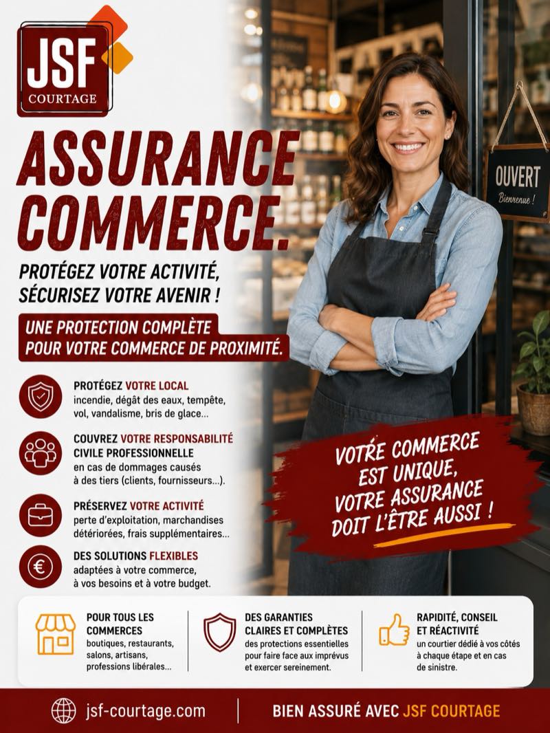 Affiche JSF Courtage — Assurance commerce : protection du local (incendie, dégât des eaux, vol, bris de glace), responsabilité civile professionnelle, perte d'exploitation et marchandises.