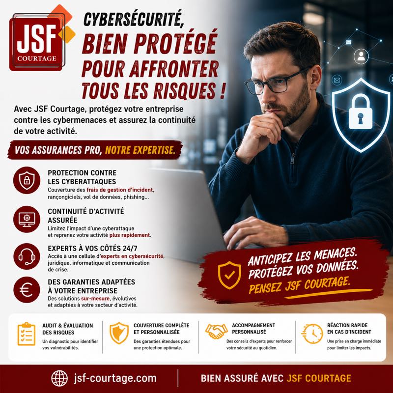 Affiche JSF Courtage — Assurance cybersécurité : couverture des frais de gestion d'incident, rançongiciels, vol de données et hameçonnage, continuité d'activité et cellule d'experts.