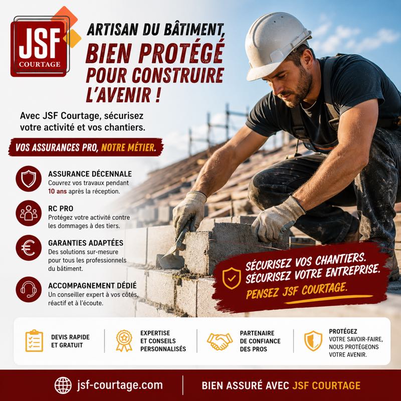 Affiche JSF Courtage — Artisan du bâtiment : assurance décennale couvrant les travaux pendant 10 ans après la réception, RC Pro contre les dommages causés à des tiers, garanties sur mesure.