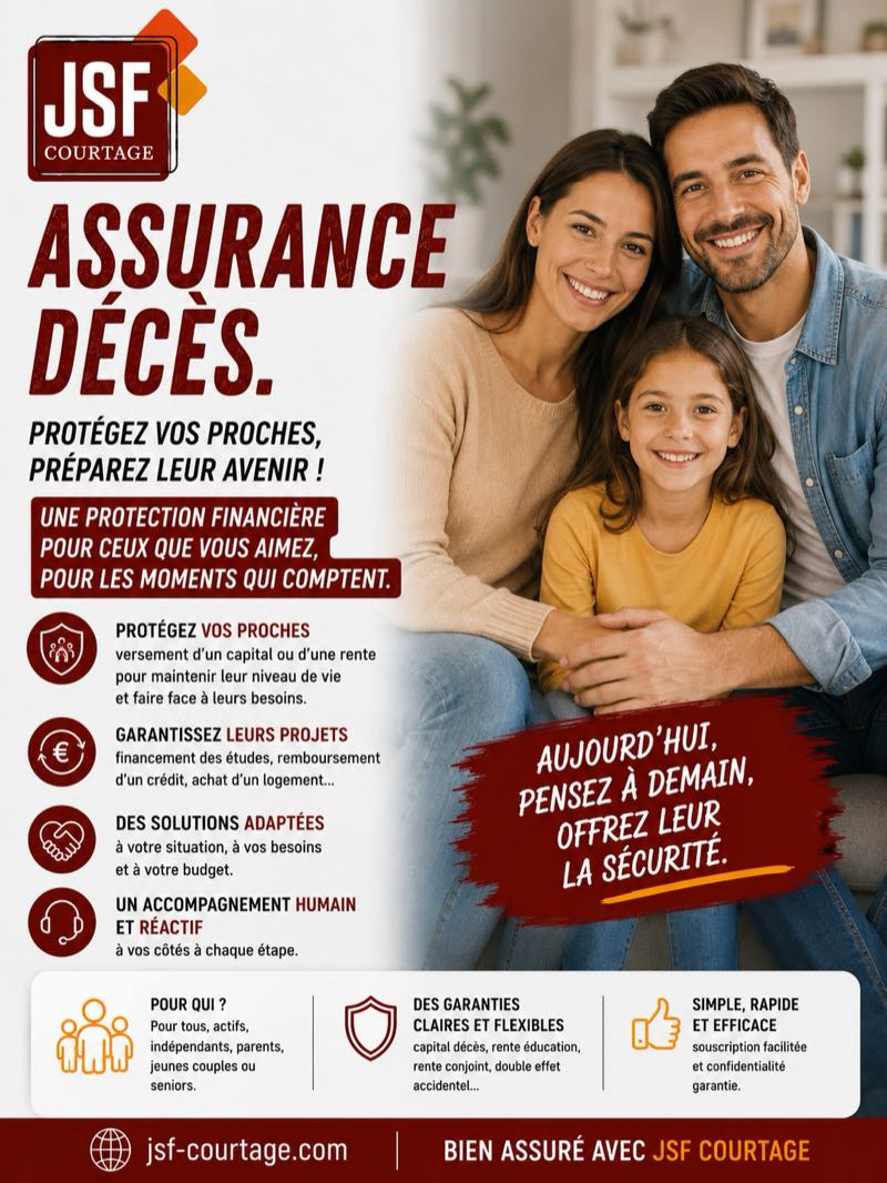 Affiche JSF Courtage — Assurance décès : versement d'un capital ou d'une rente à vos proches, financement des études, remboursement d'un crédit, solutions adaptées à votre situation.