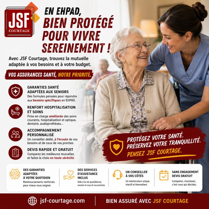 Affiche JSF Courtage — Mutuelle santé EHPAD : garanties adaptées aux seniors, renfort hospitalisation et soins, optique, dentaire et audioprothèses, conseiller dédié, devis gratuit.