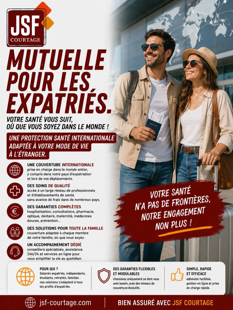 Affiche JSF Courtage — Mutuelle pour les expatriés : couverture santé internationale, large réseau de professionnels de santé, hospitalisation, consultations, pharmacie, optique, dentaire et maternité.