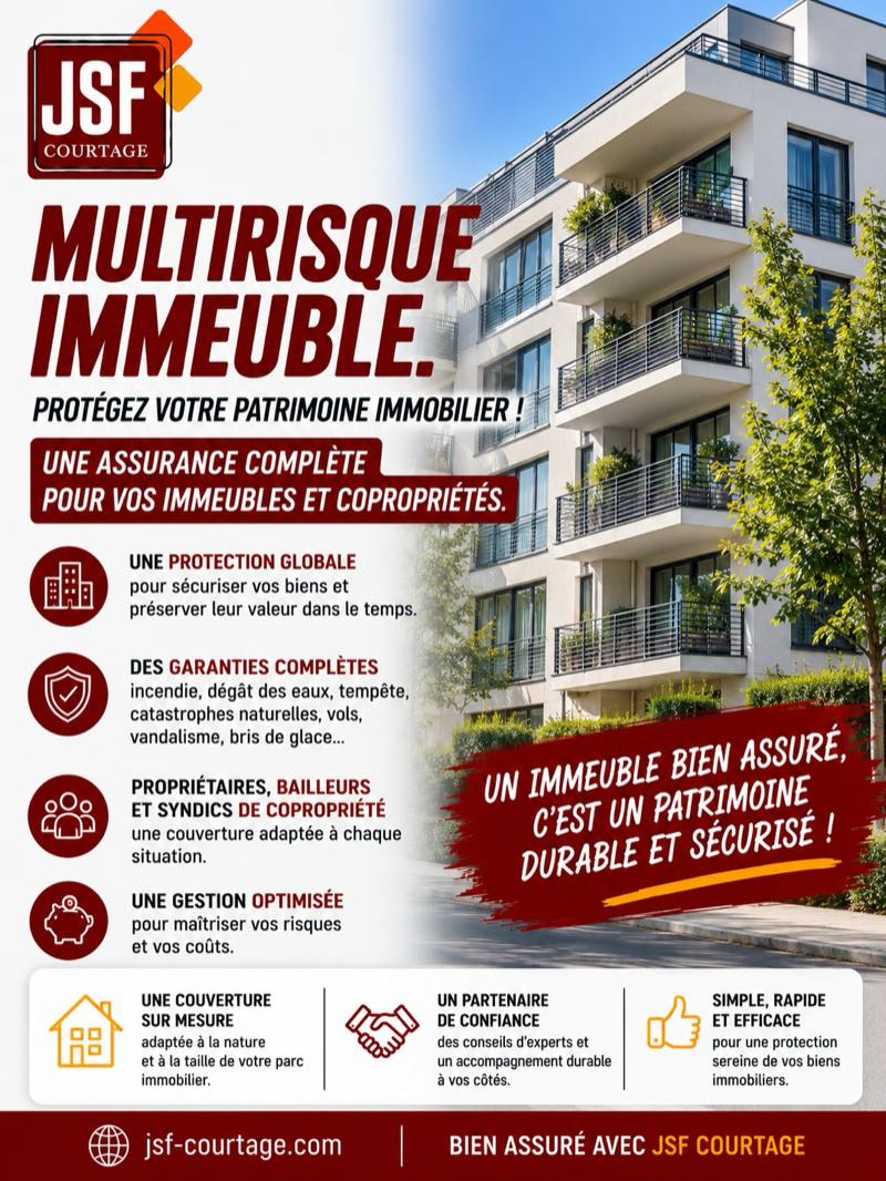Affiche JSF Courtage — Multirisque immeuble : assurance des immeubles et copropriétés, incendie, dégât des eaux, tempête, catastrophes naturelles, vol et vandalisme, pour propriétaires, bailleurs et syndics.