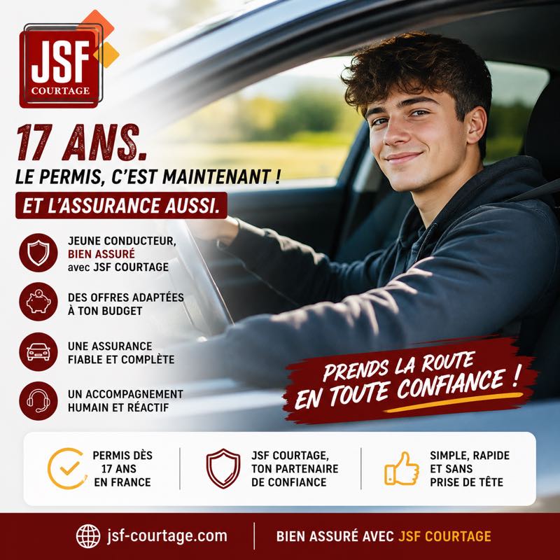 Affiche JSF Courtage — Permis dès 17 ans en France : assurance jeune conducteur, offres adaptées au budget, accompagnement humain et réactif.