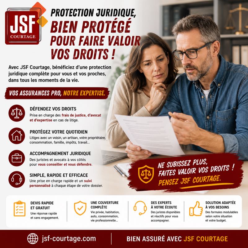 Affiche JSF Courtage — Protection juridique : prise en charge des frais de justice, d'avocat et d'expertise, litiges du quotidien (voisinage, artisan, consommation, travail), juristes et avocats à vos côtés.