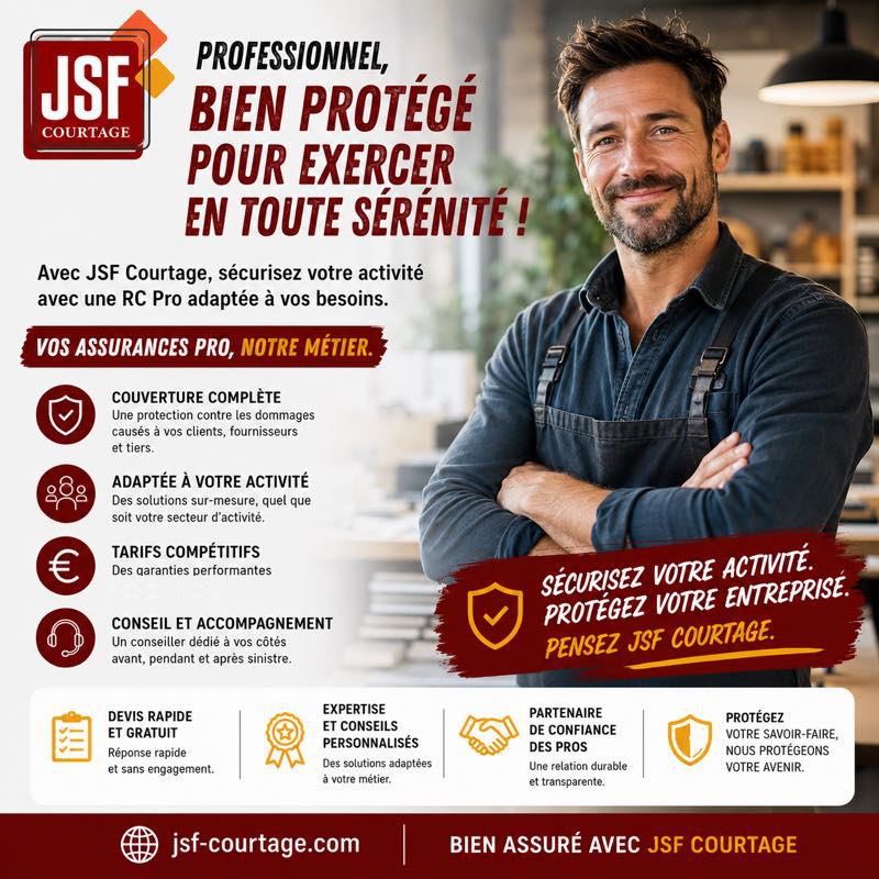 Affiche JSF Courtage — Responsabilité civile professionnelle : protection contre les dommages causés à vos clients, fournisseurs et tiers, solutions adaptées à chaque secteur d'activité.