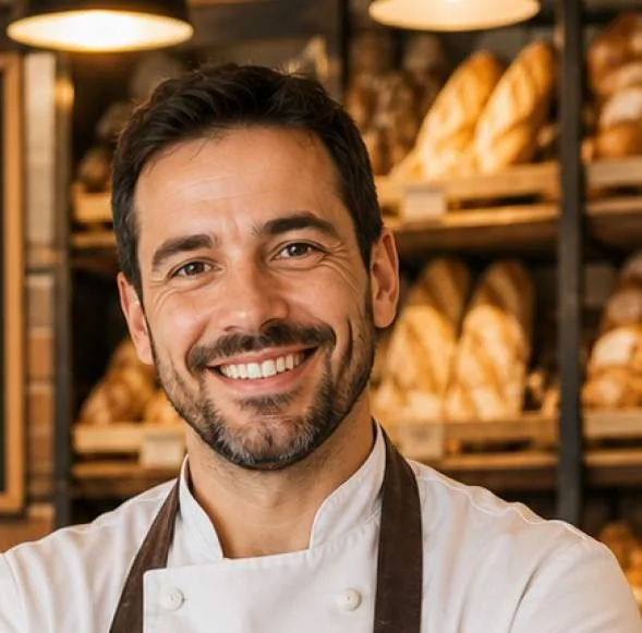 Boulanger souriant en veste blanche devant ses étagères de pains et baguettes