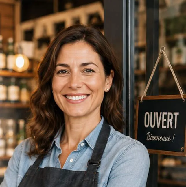 Commerçante souriante en tablier devant sa boutique, panneau « Ouvert » à la porte