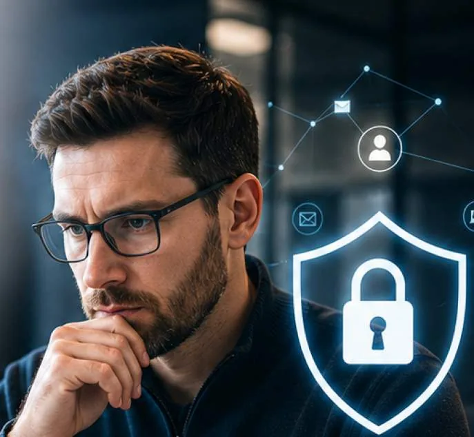 Dirigeant devant son écran, entouré de symboles de sécurité informatique