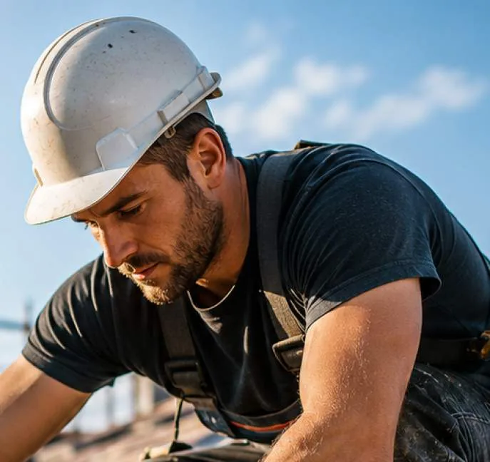 Artisan du bâtiment casqué, au travail sur une toiture