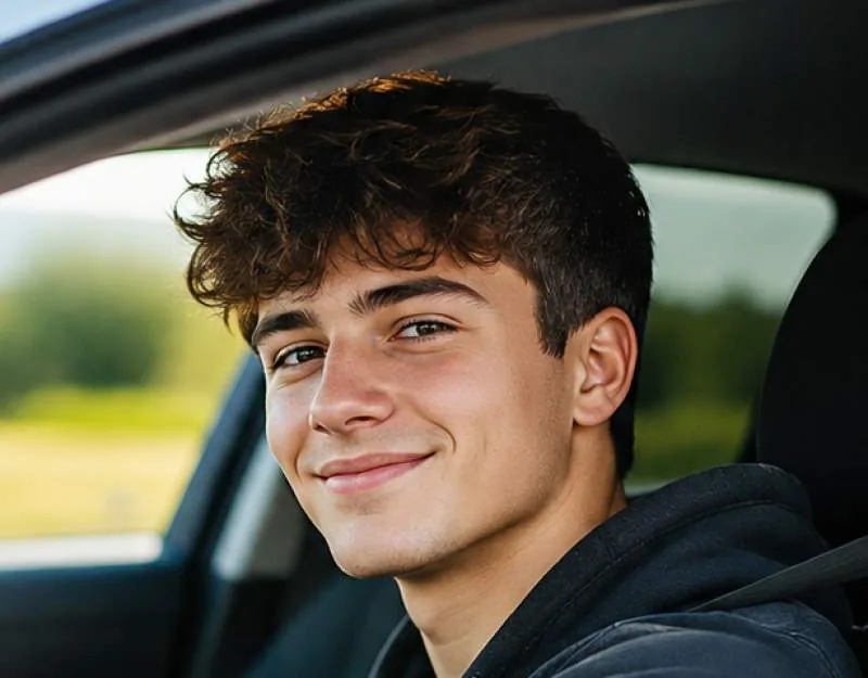 Jeune conducteur souriant au volant
