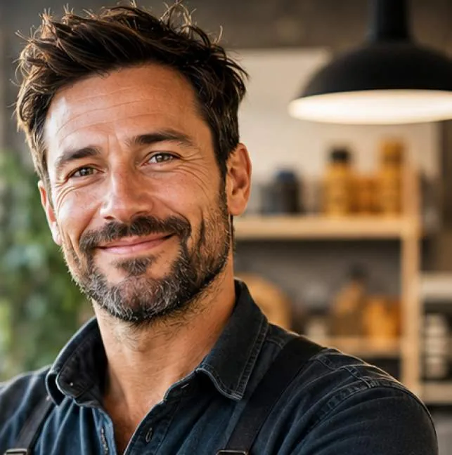Artisan souriant dans son atelier, bras croisés